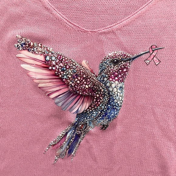 Hummingbird Pink Ribbons Heart Graphic Breast Cancer Awareness V-neck Sweater - Picture 2 of 5